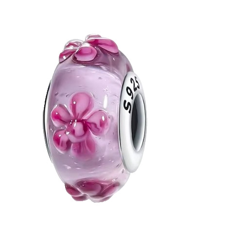 PINK FLORAL HANDPAINTED LAMPWORK GLASS STERLING SILVER CORE CHARM BRACELET BEAD
