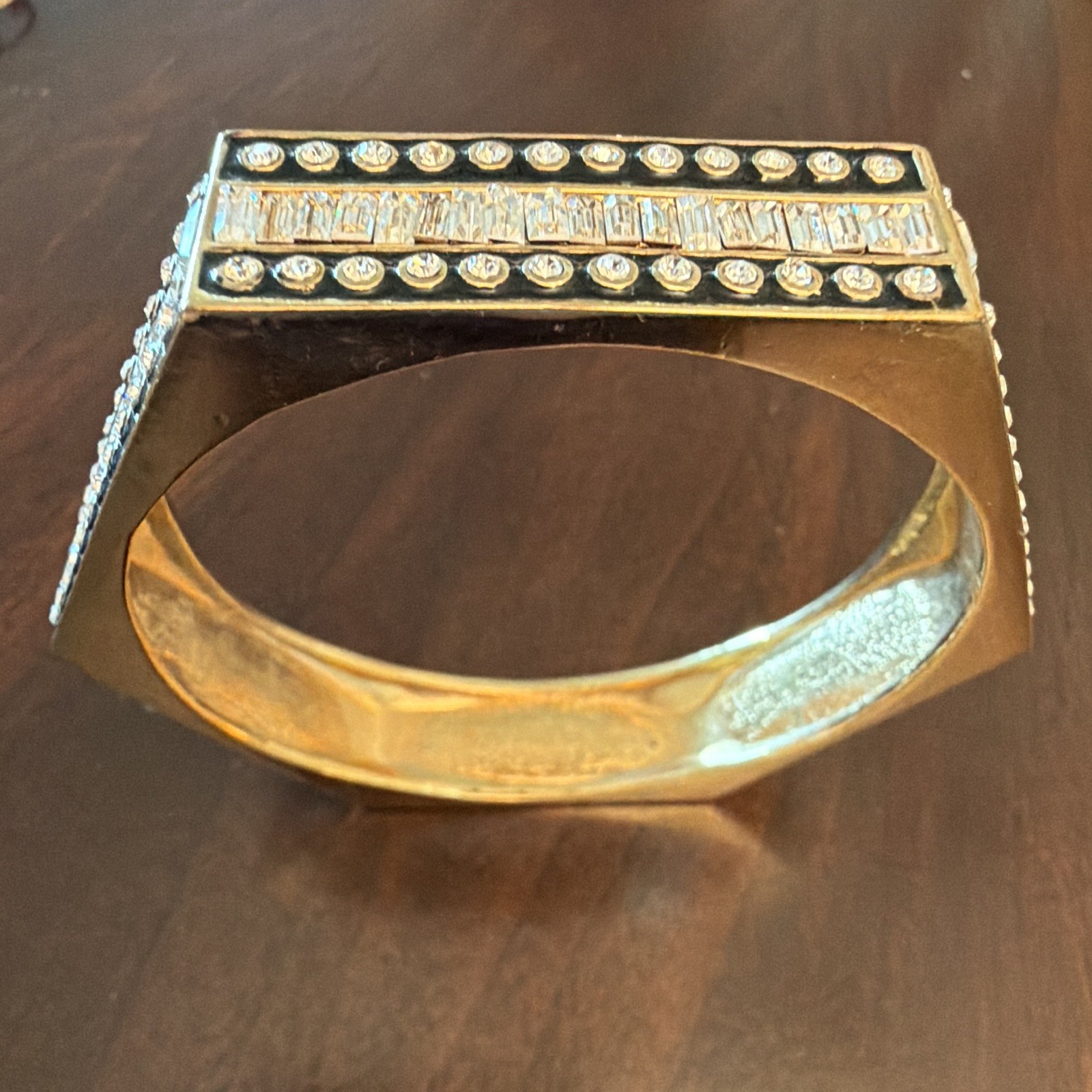 Gold Tone Black Enamel Hexagon Bangle Bracelet w/ Clear Crystal Baguette