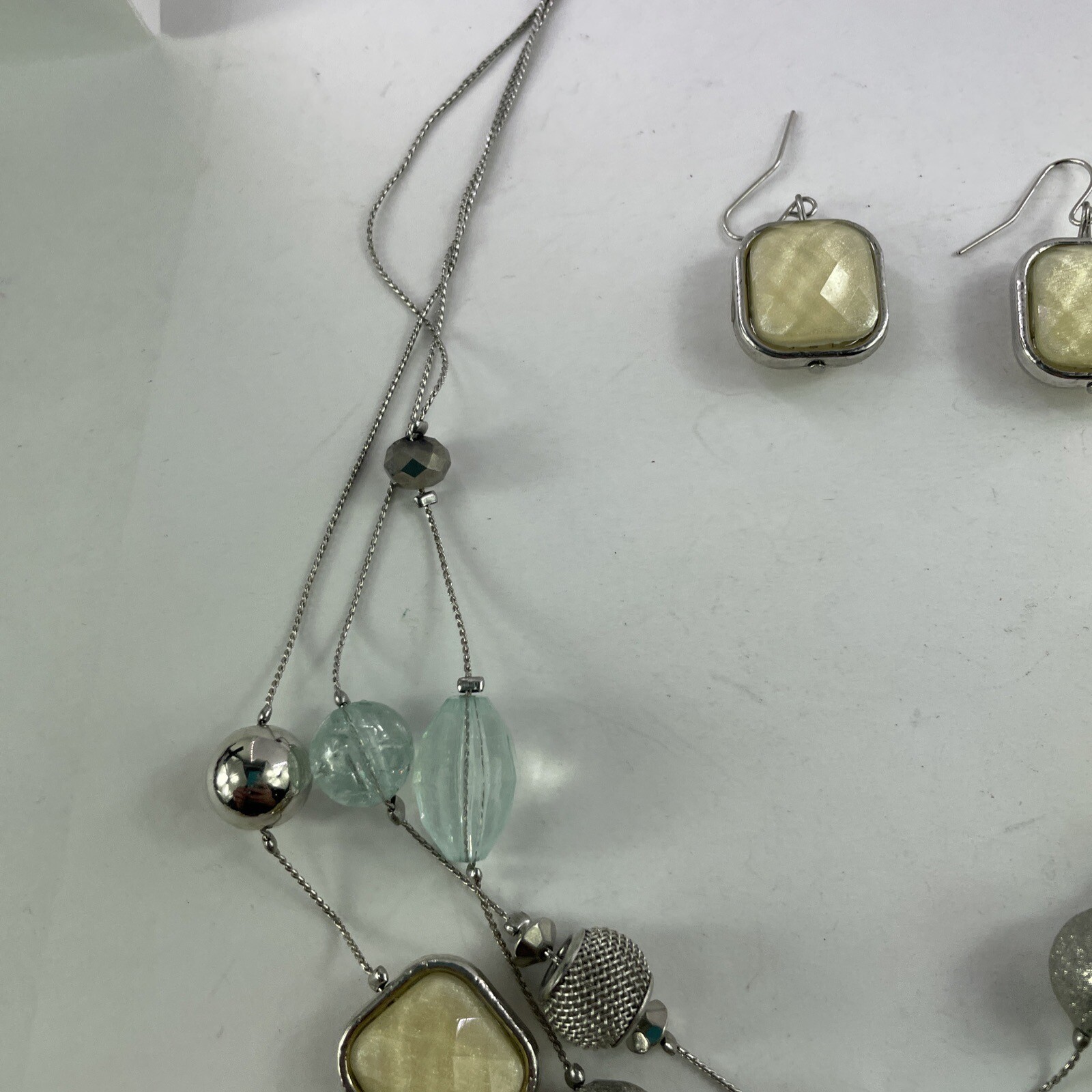 Necklace & Earrings Set, Beaded, Stones, Ivory & Blue, Silver Toned, Layered