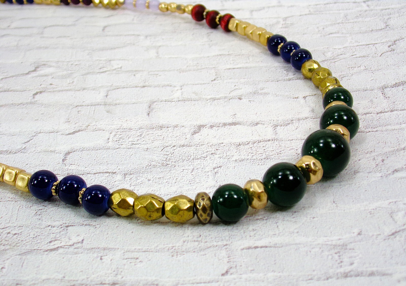 Multi color bead necklace with green, blue brown, gold glass and wood beads New