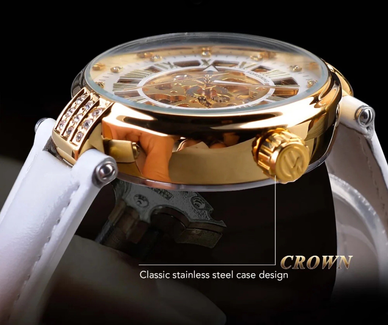 Forsining Womens Automatic Transparent Skeleton White Leather Band Ladies Watch