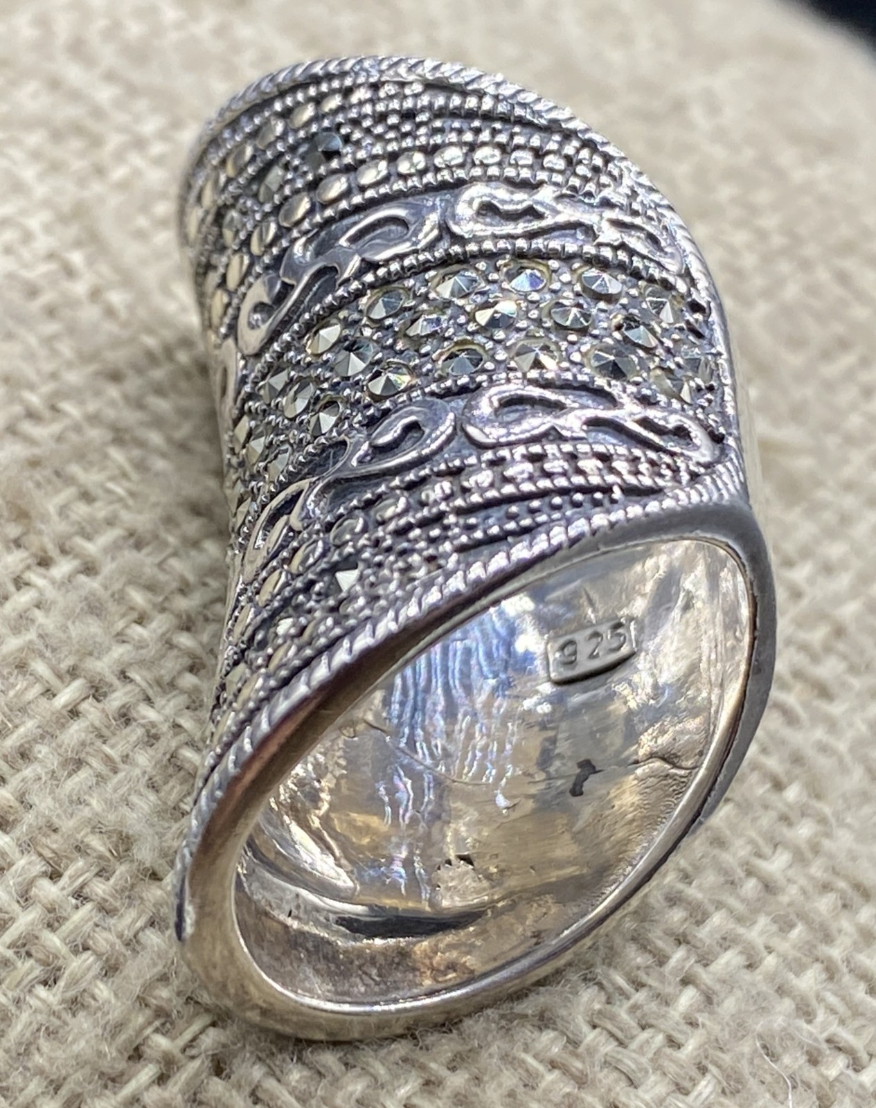 DESIGNER-Sterling Bali Style Tall Concave Marcasite Dotted Scroll Ring-SIZE 6