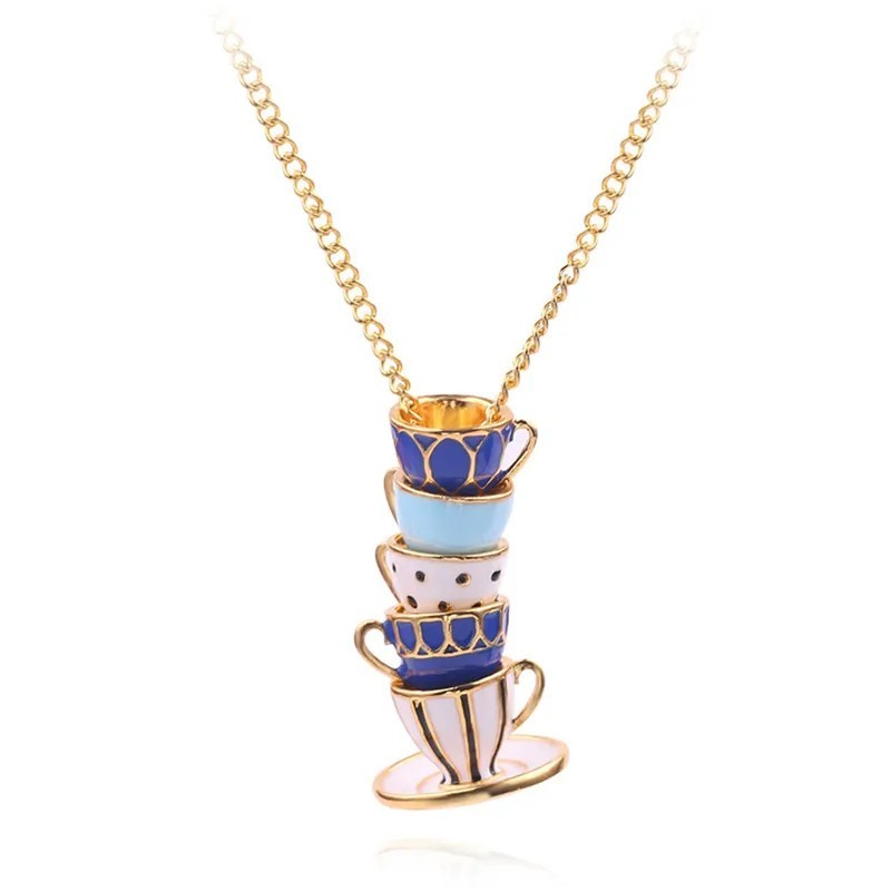 Tea Cup Necklace Gold Chain Enamel WHIMSICAL Stacked Teacups Blue Jewelry