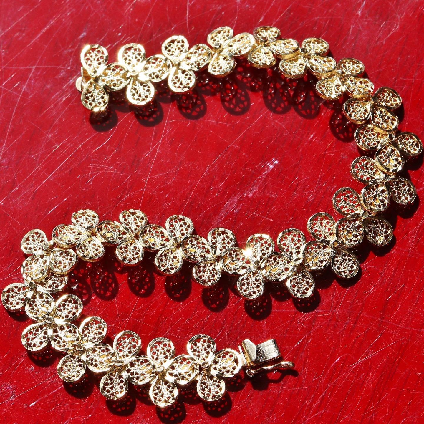 14k yellow gold bracelet 7.25″ diamond cut flower link chain handmade 15.7g N307