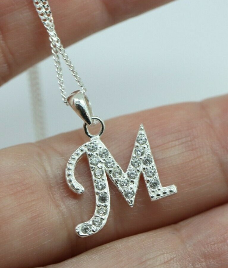Sterling Silver CZ Initial M Pendant with 45cm + 5cm Extender Chain -Free Post