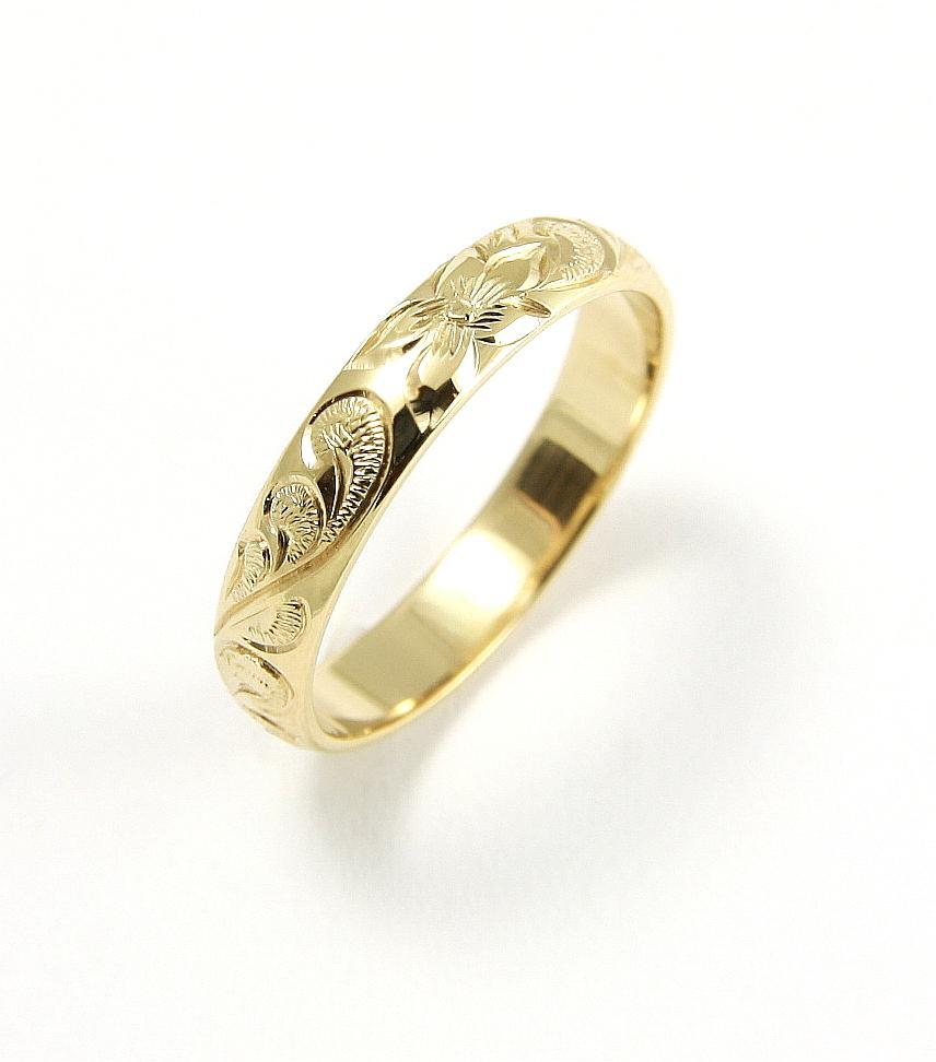 14K YELLOW GOLD CUSTOM HAND ENGRAVE HAWAIIAN QUEEN PLUMERIA SCROLL BAND RING 4MM
