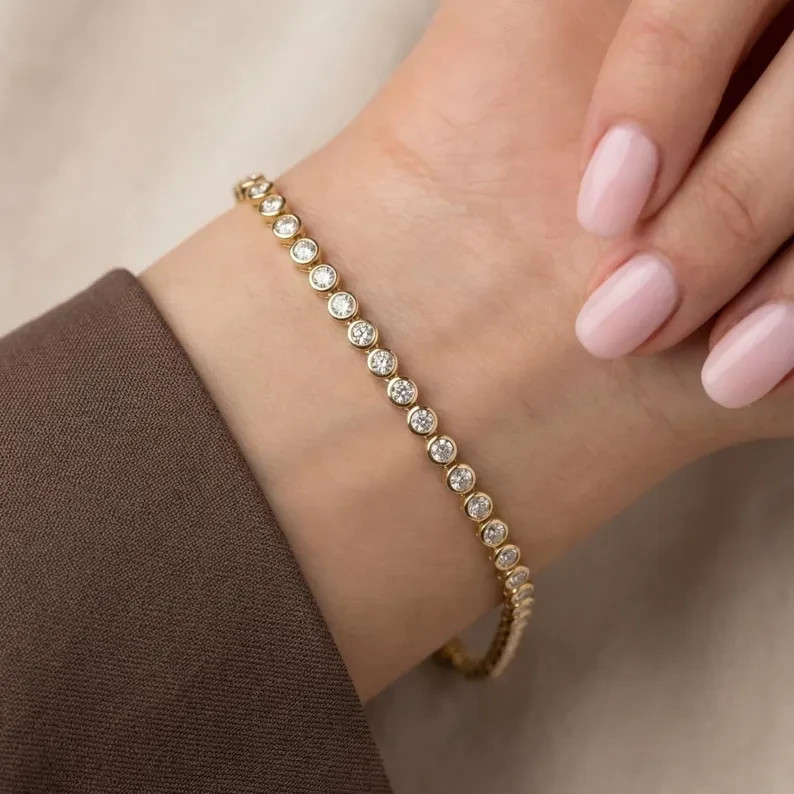 Natural Diamond Women’s Tennis Bracelet Bezel Style In 14k Solid Yellow Gold