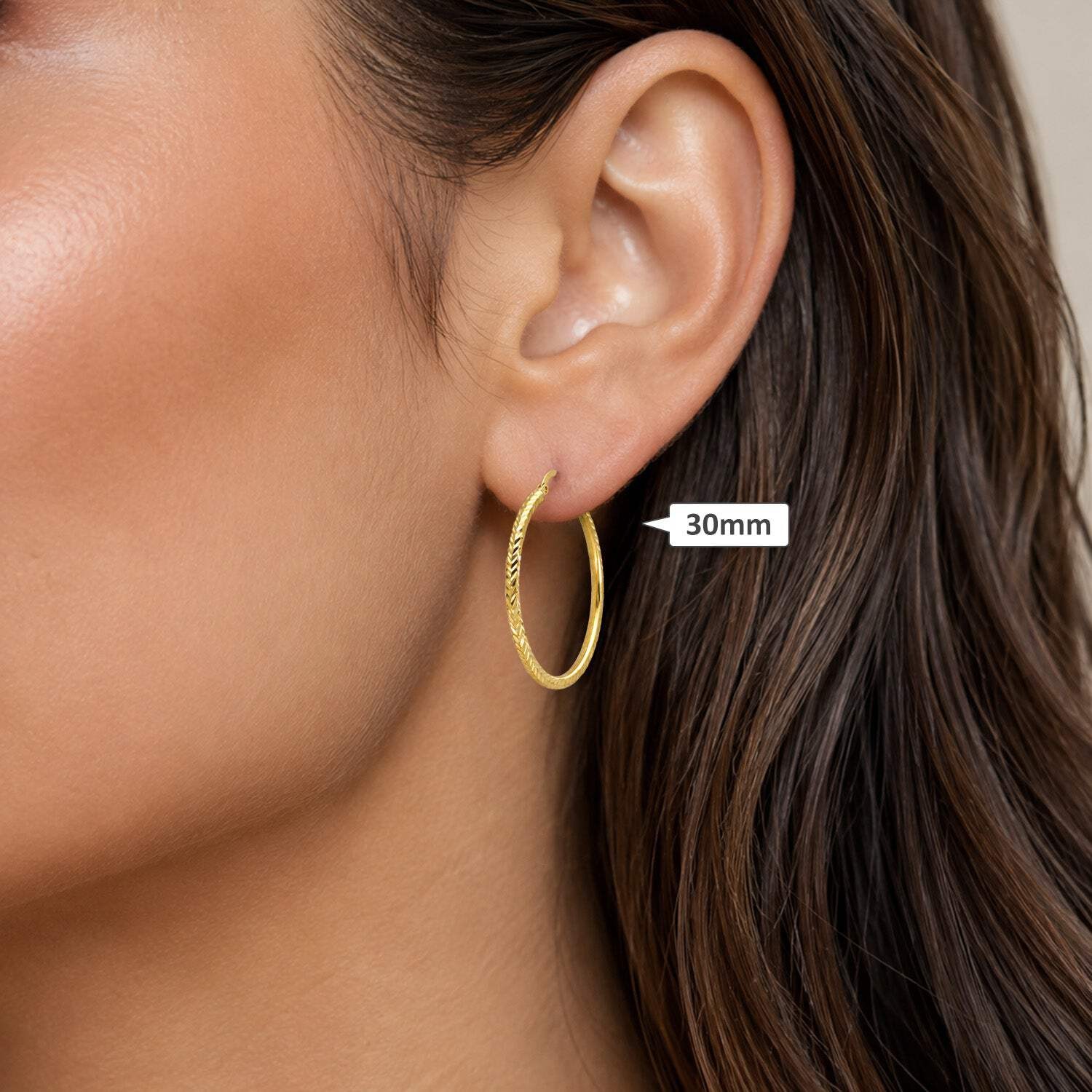 14K Yellow Gold-Filled Textured Hoop Earrings 30mm, 41mm