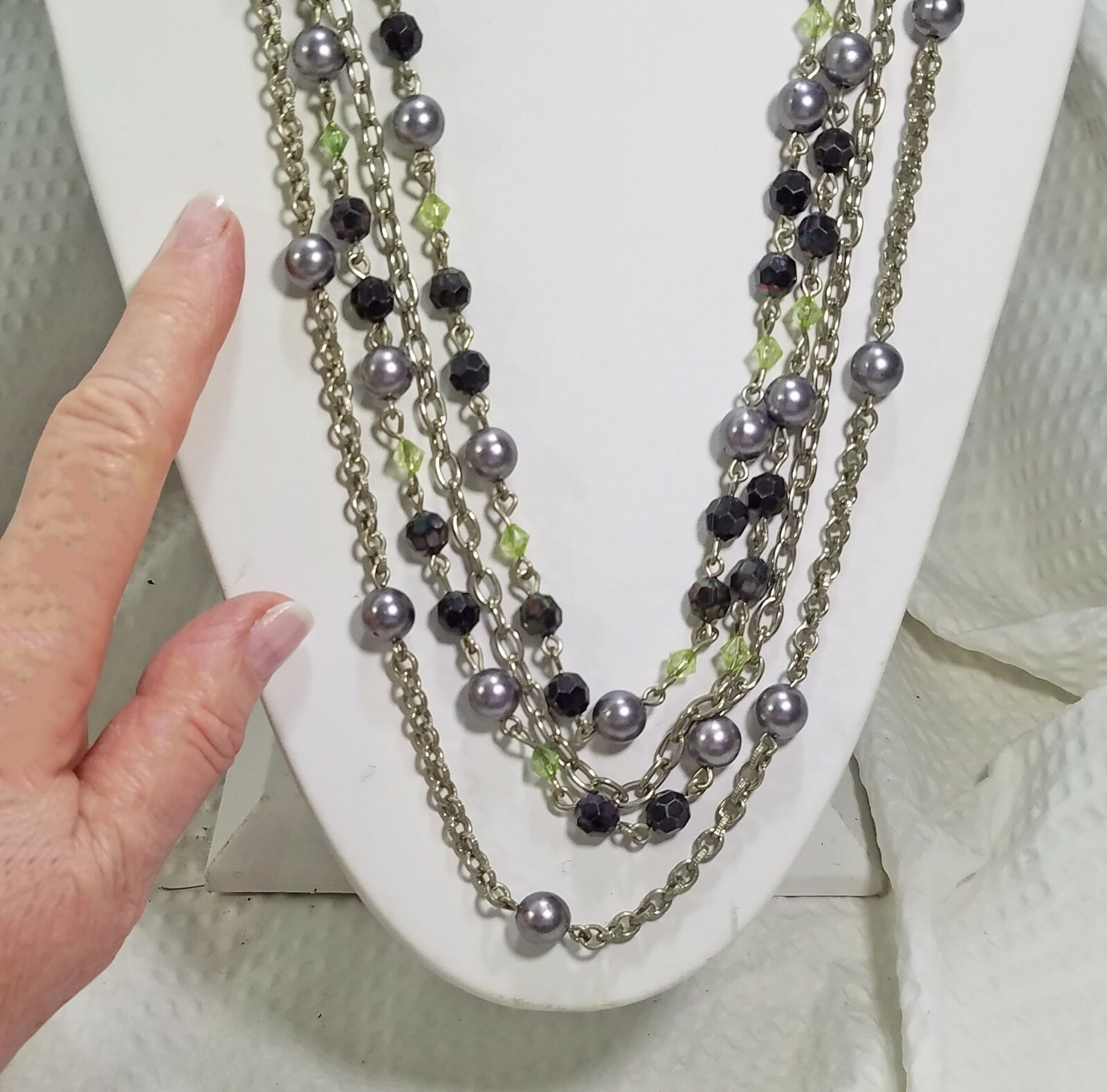 Vintage Black Frosted Gray and Green Beaded Rosary Style Multi Strand Necklace