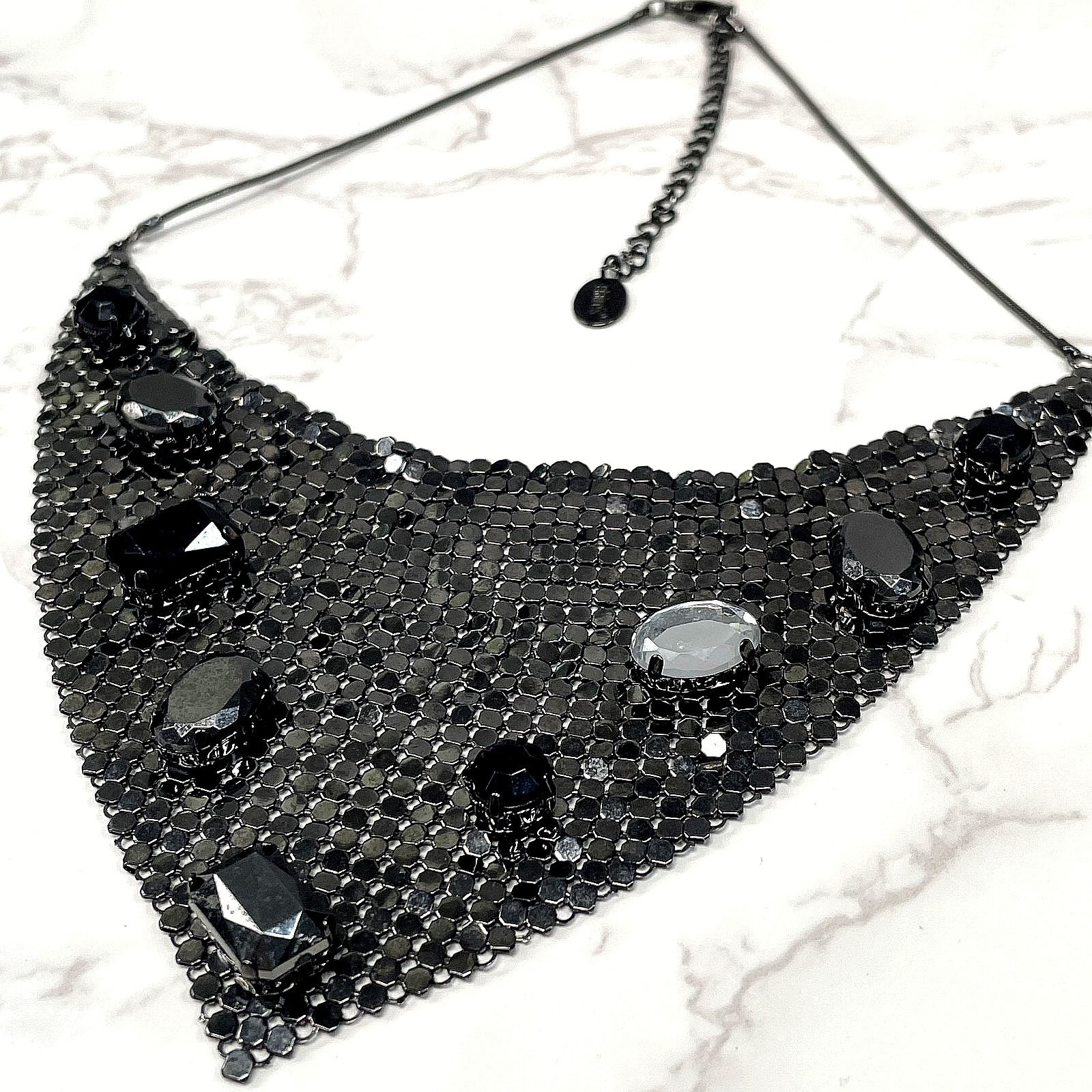 Claire’s Signed Black Liquid Metal Mesh Bib Necklace Gothic Rhinestone Statement