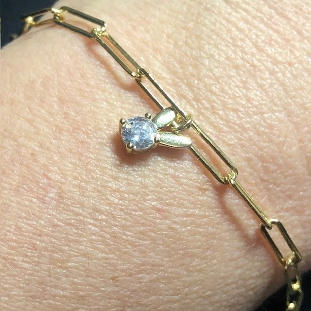 B2850 Vermeil Gold over sterling925 Paperclip Bracelet CZ Bunny Charm 6.5-8.5″