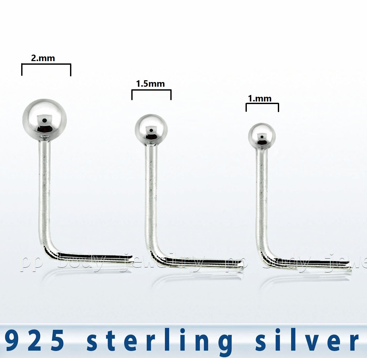 2pcs. 22g L-Shaped .925 Sterling Silver Ball Nose Ring Stud – 1mm 1.5mm 2mm ball