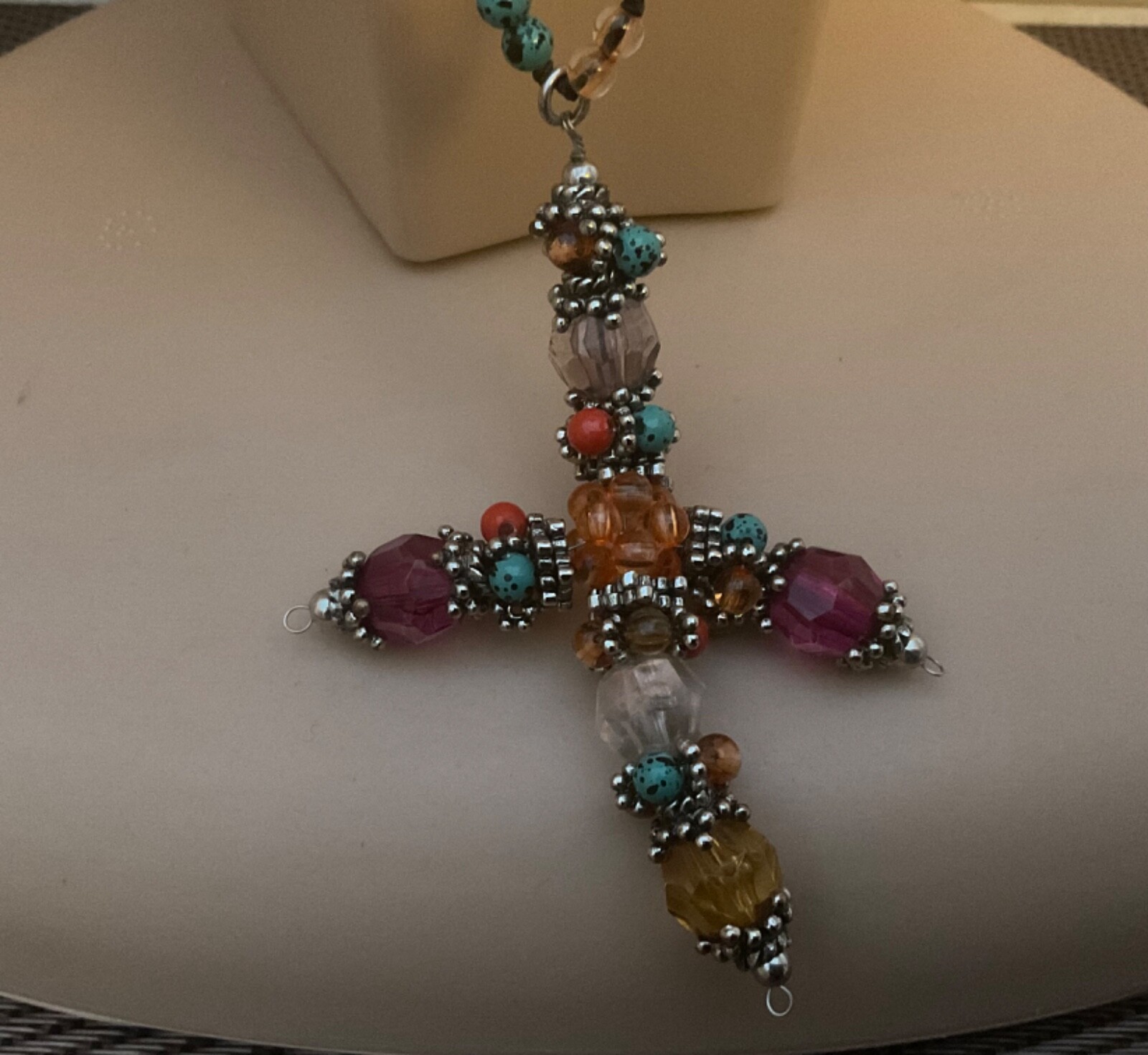 Handmade Beaded Multi Colour Necklace with Pendant approx 24inch