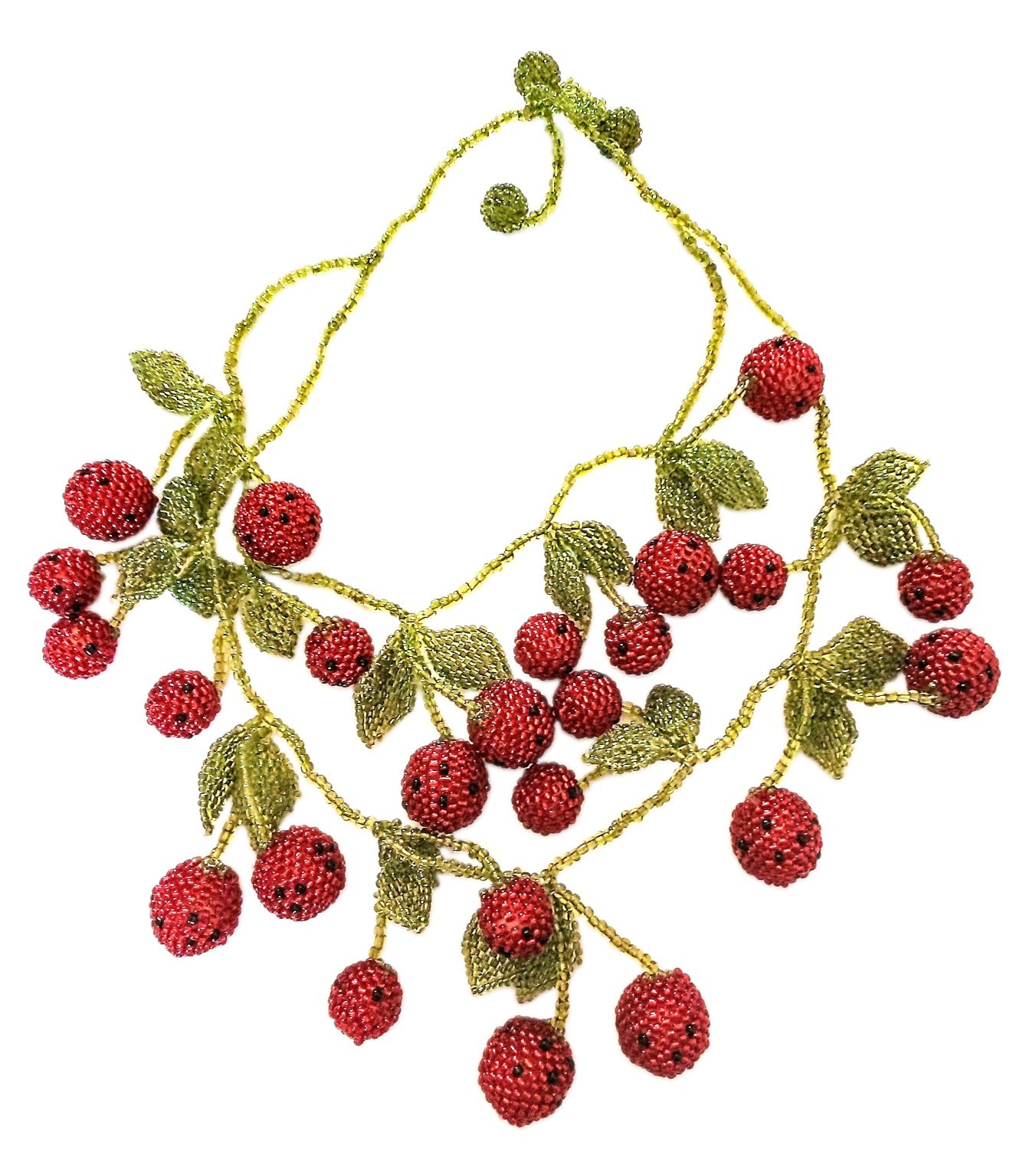 Green And Red Seed Beaded Berries Necklace Handmade