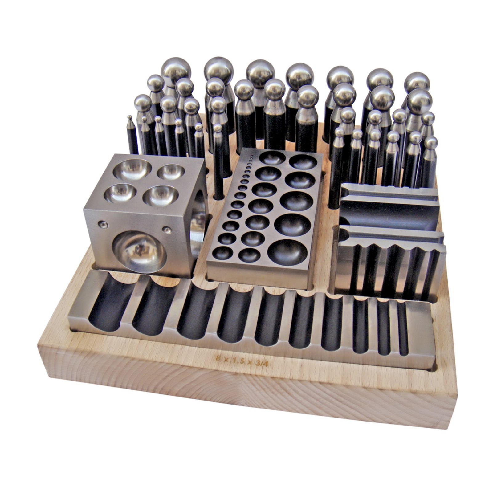Complete Steel Metal Jewelry Dapping Doming Punch Set Wooden Block Base Tool