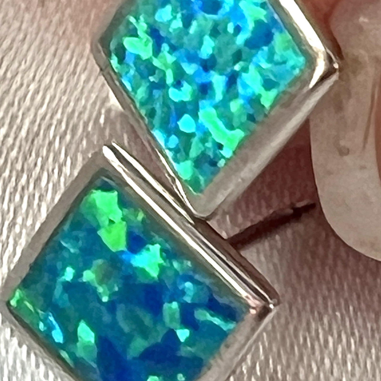 925 Sterling Silver Blue Fire Opal Square Stud Earrings 6mm 1/4” Star Hallmark