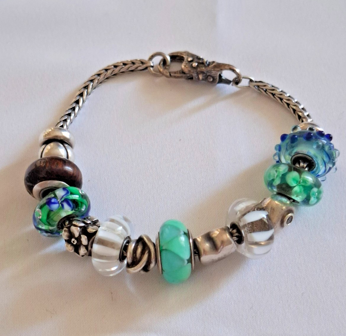 Silver 925 Trollbeads Bracelet 14 Charms Approx 20cm Blue Green