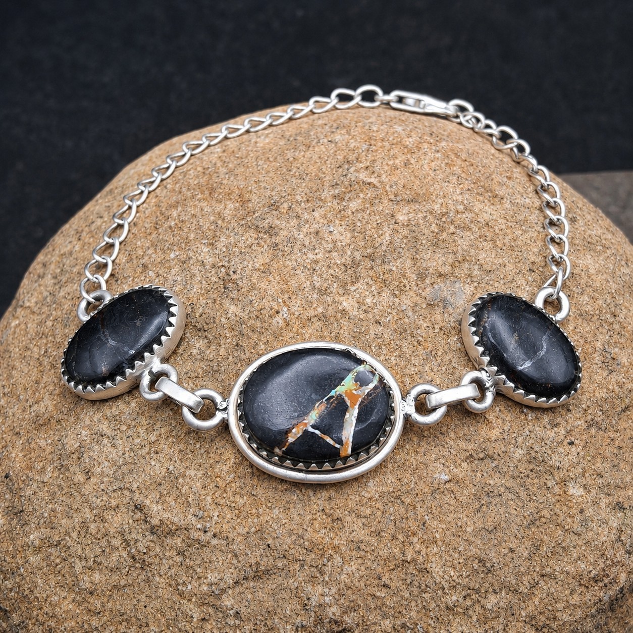 Blackjack Turquoise Bracelet Sterling Silver Native Southwestern Style 6-8.5