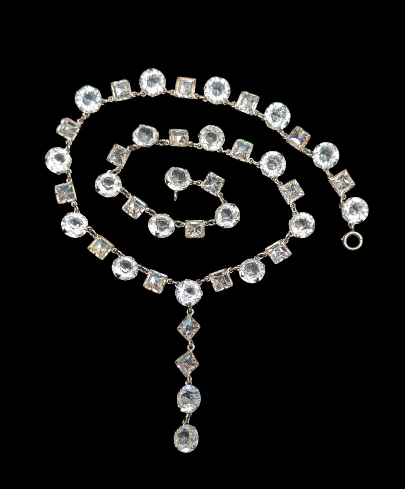 Vintage Y Drop Clear Glass Open & Closed Back Riviere Style Necklace 15″