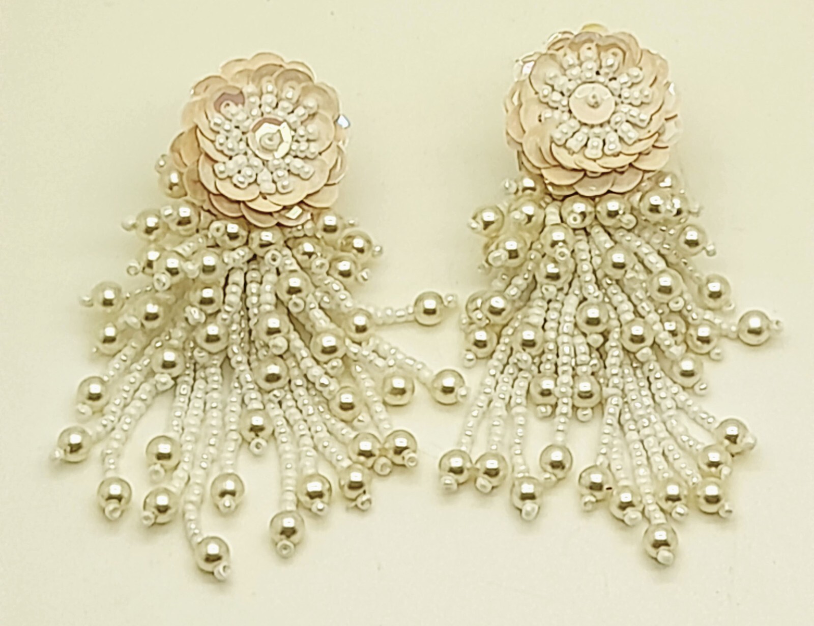 Vintage Handmade cream seed beaded sequins clip on drop/Dangle fashion earrings