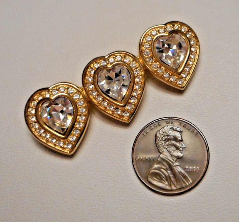 Vintage Swarovski Triple Heart Diamante Crystal Gold-tone Heart Brooch
