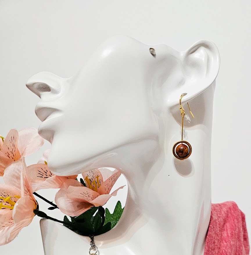 Handmade Red Creek Jasper Gemstone Beaded Gold-Tone Dangle Earrings