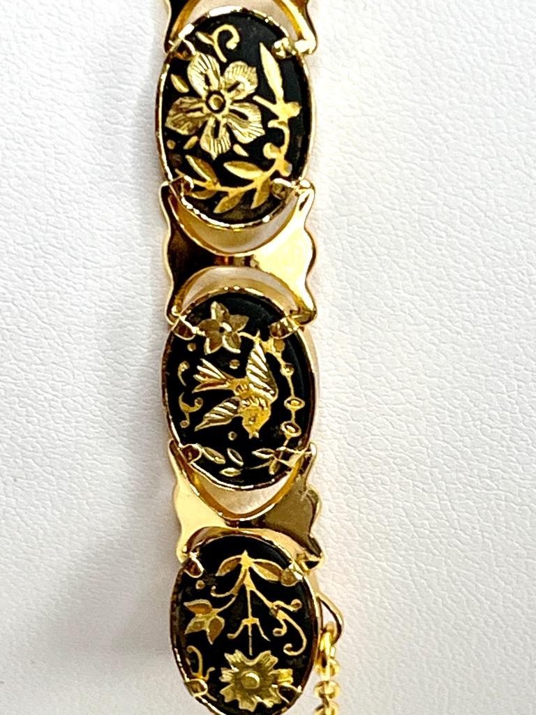 Vintage ia Midas Damascene Toledo Spain Oval Link Bracelet w/Doves Flowers #29-8