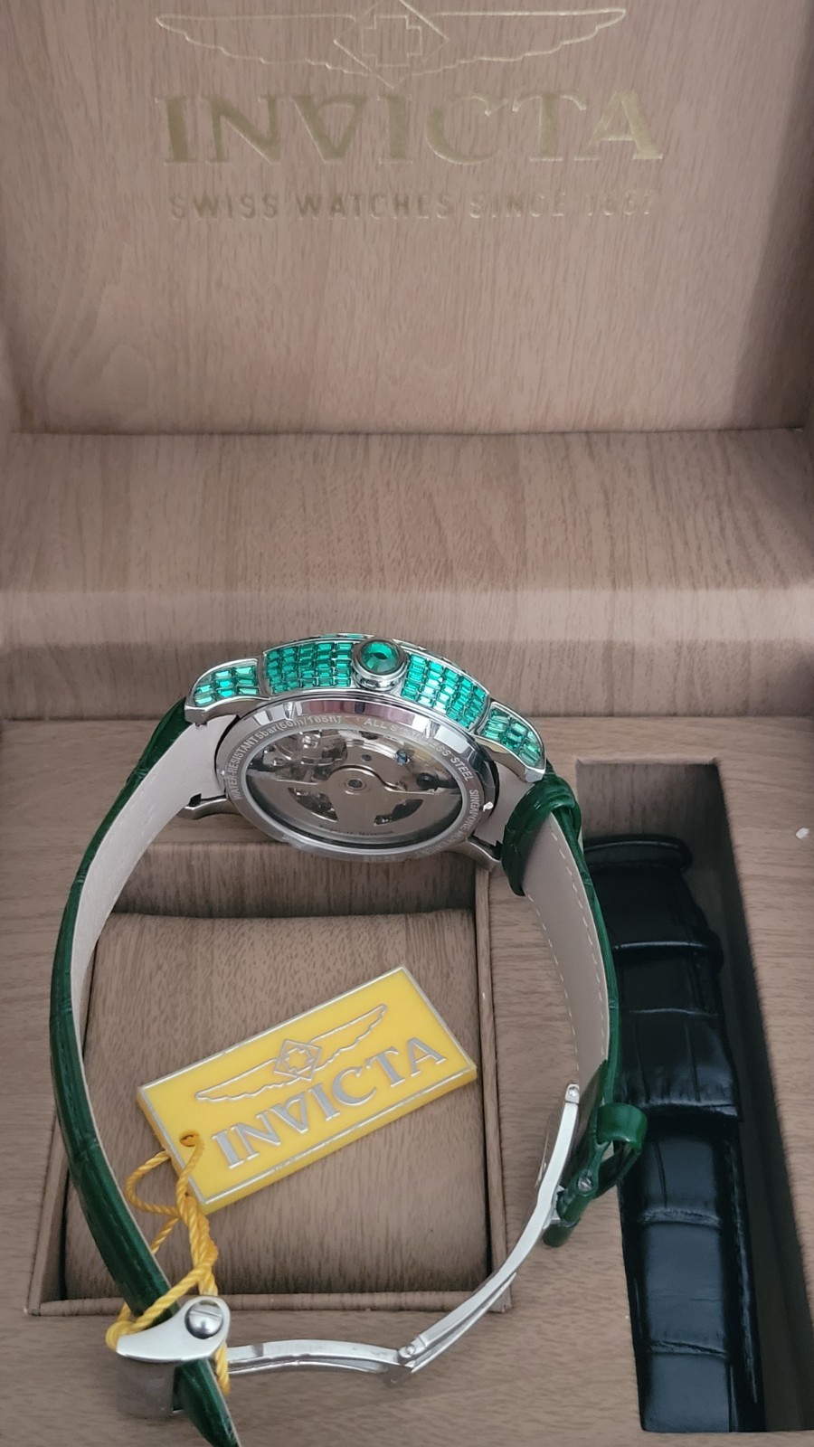 Invicta 69456 Men’s Automatic Skeleton Green Dial 45mm Leather 50m Box
