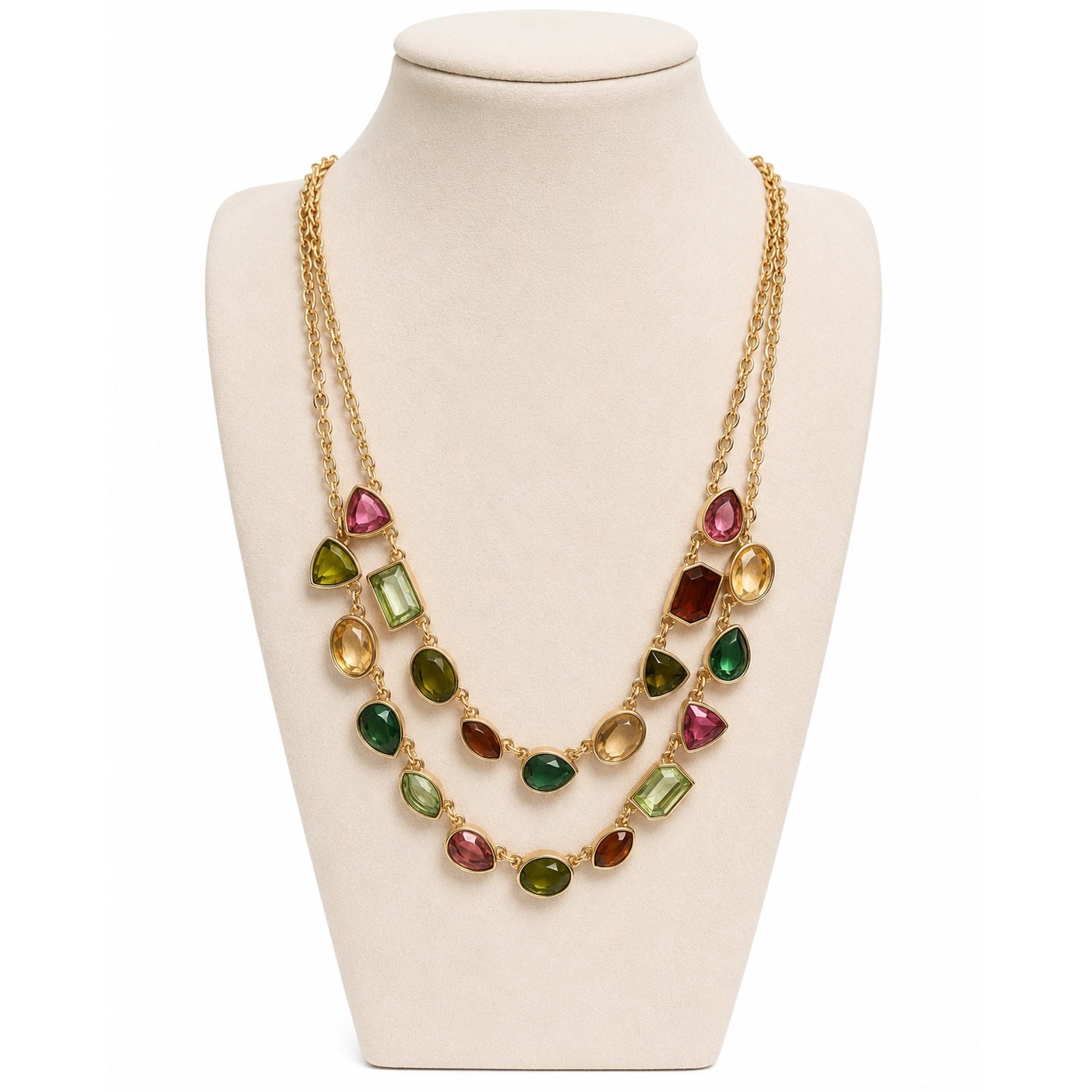 Gold Tone Colorful Glass Stone Bib Necklace Double Strand Statement 19″