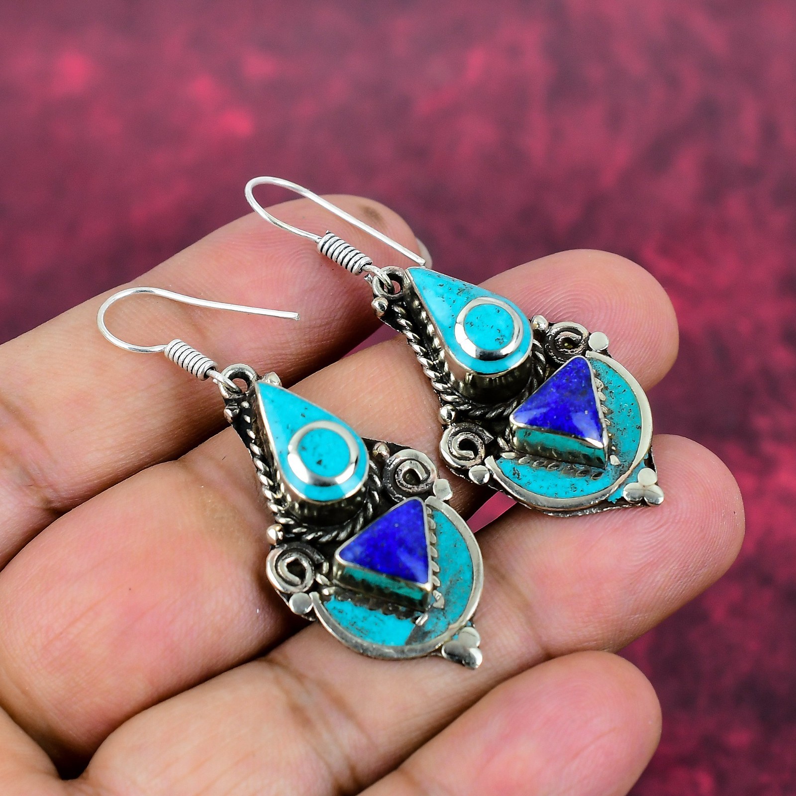 Turquoise & Lapis Lazuli Gemstone 925 Silver Earrings Handmade Nepali Jewelry