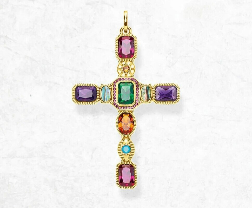 925 Sterling Silver Cross Pendant Multi Gemstone Accents YG