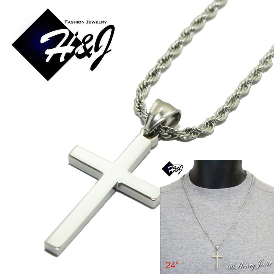 24″MEN Stainless Steel 2.5mm Silver Smooth Rope Chain Necklace Cross Pendant*P