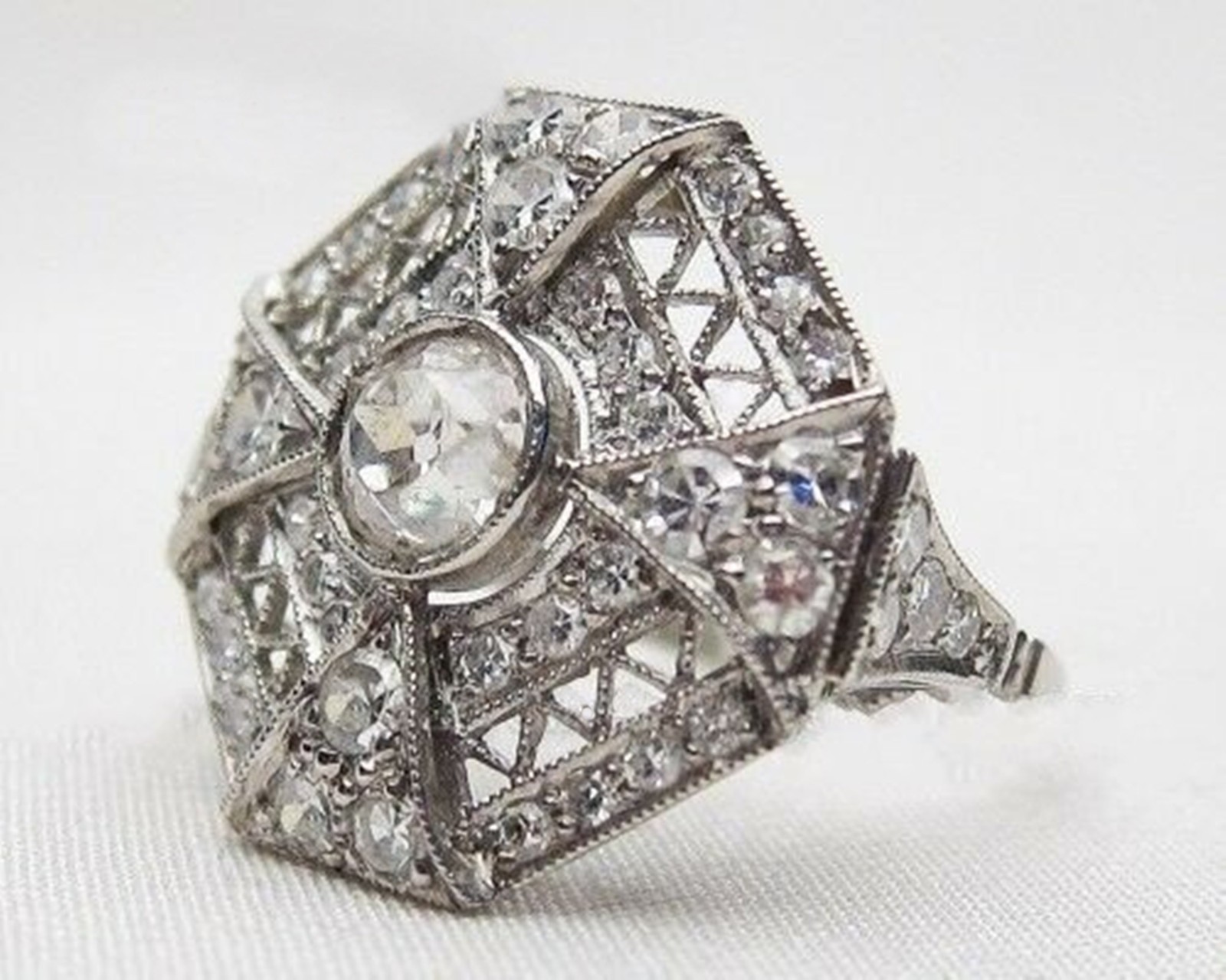 14K Gold Art Deco Old European Cut Lab Created Diamond Filigree Engagement Ring