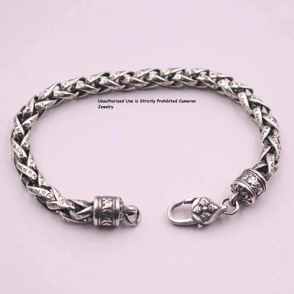 Pure S925 Sterling Silver Chain 6mm Six Words Wheat Link Bracelet 34-35g 7.9inch