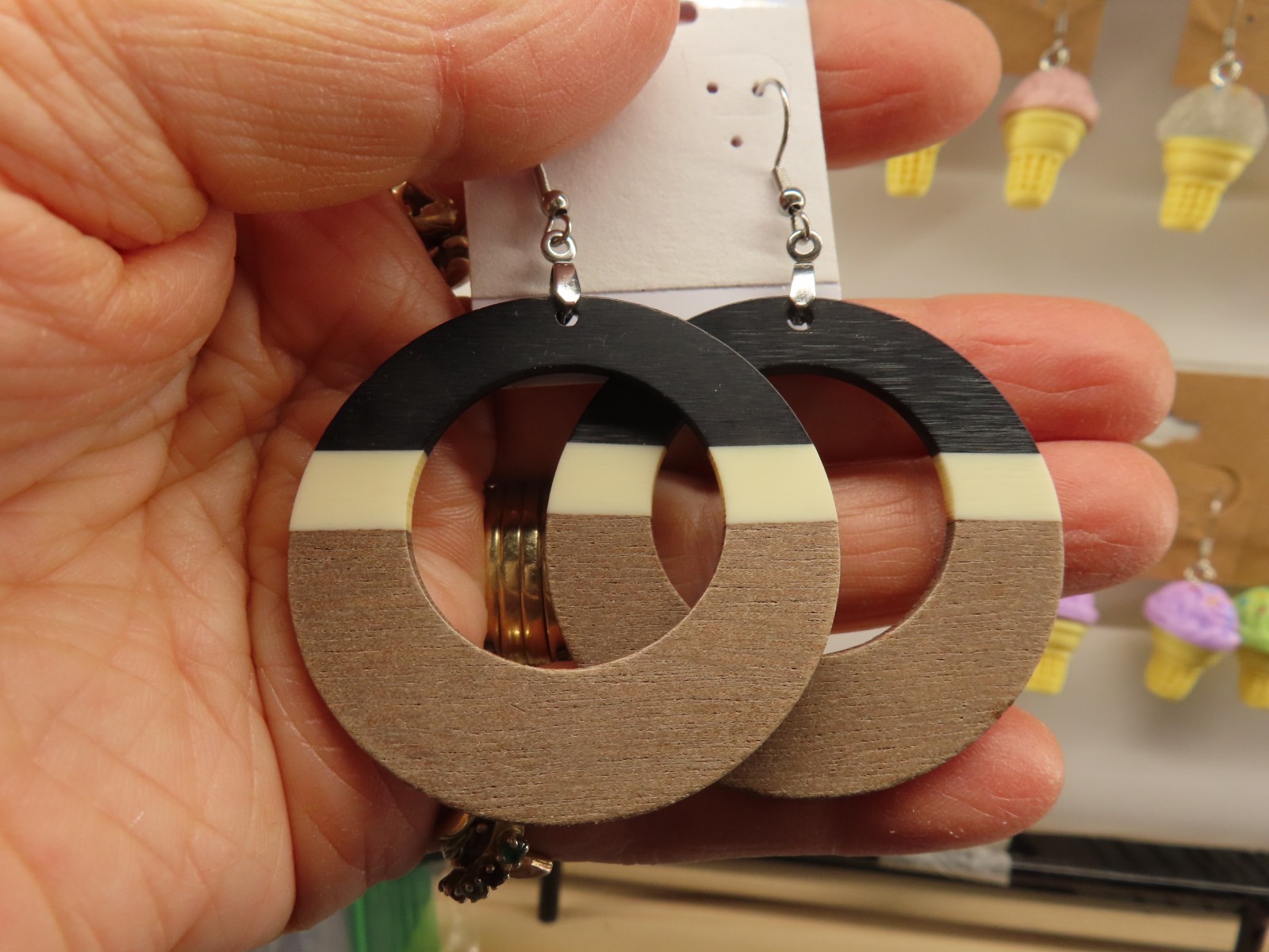 Black, White and Brown Resin Hoop Style – Clay – 3″ Dandle Drop Earrings
