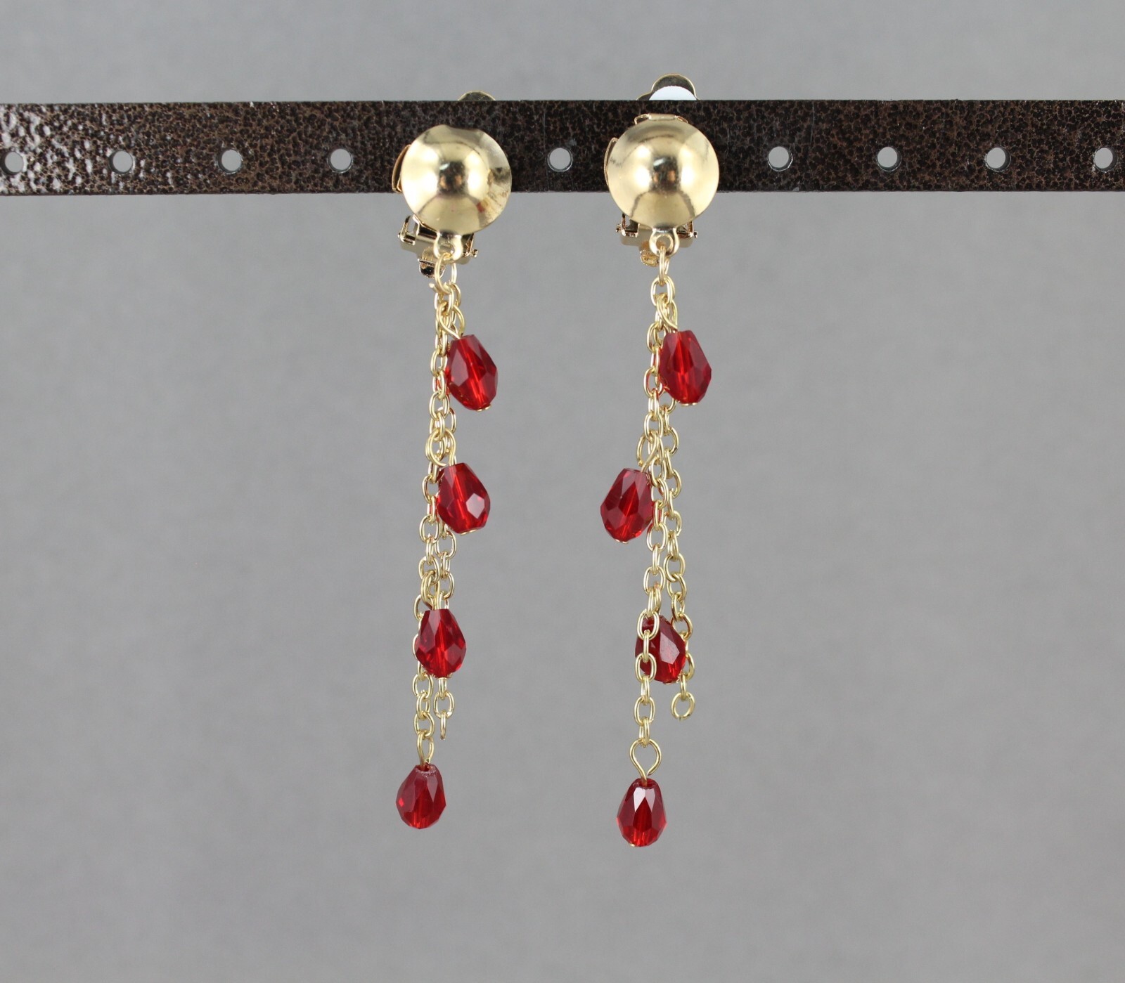 Red Gold beaded Clip On chandelier dangle earrings clips 2 7/8″ long