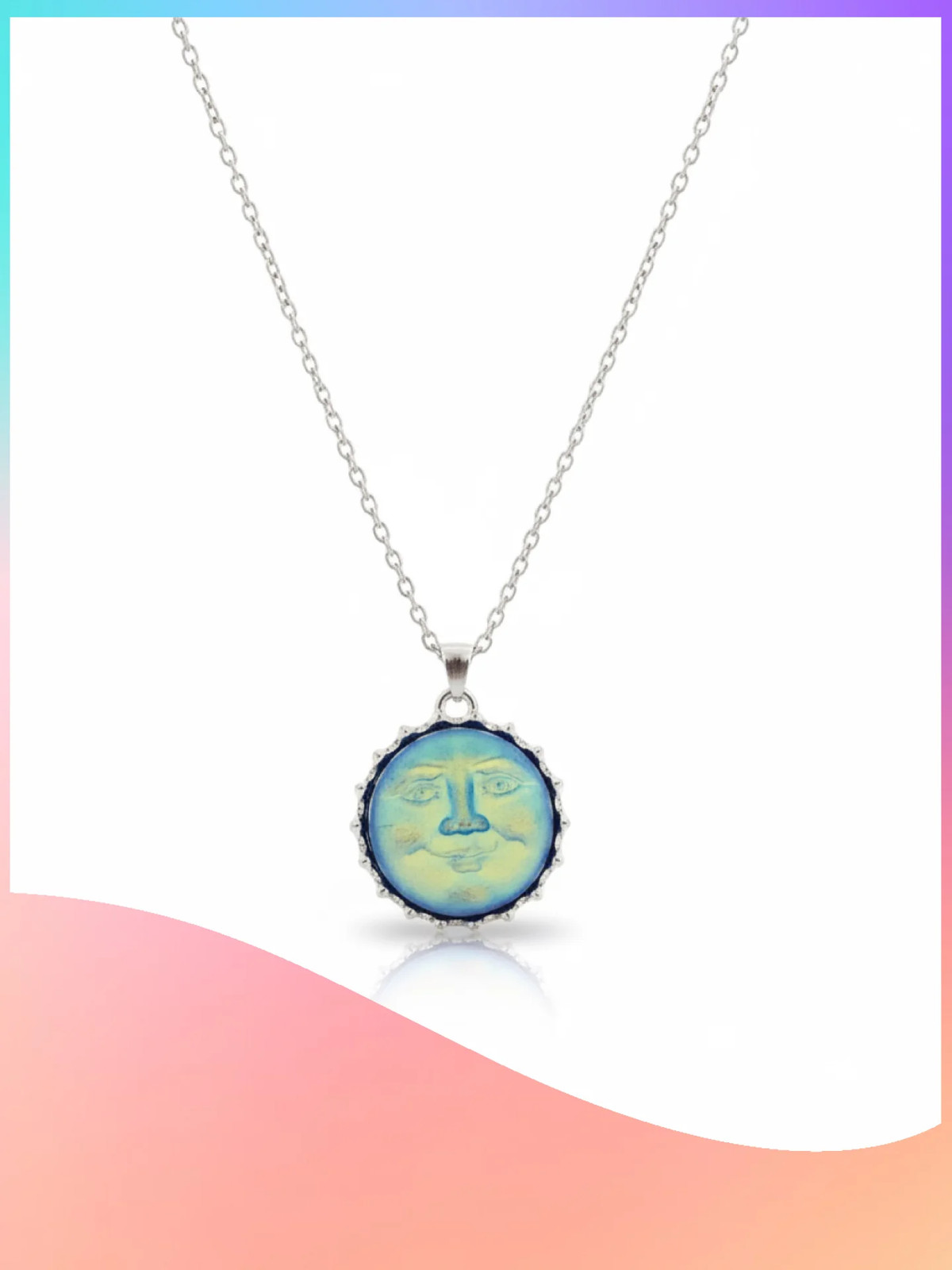 Iridescent Blue Moon Face Pendant Necklace