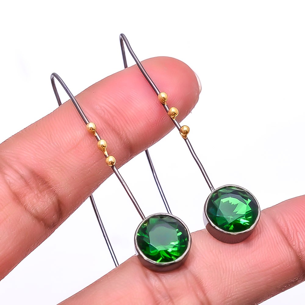 Emerald (Simulated) 925 Silver Black And Gold Rhodium Plated Earring 1.95″ E30