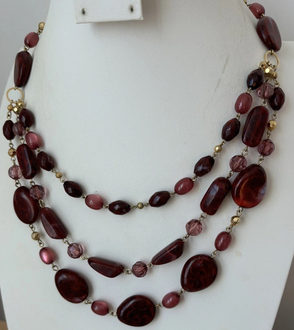 Robert Rose Beaded Necklace/ Gold Tone/ Smooth Berry Color Stones