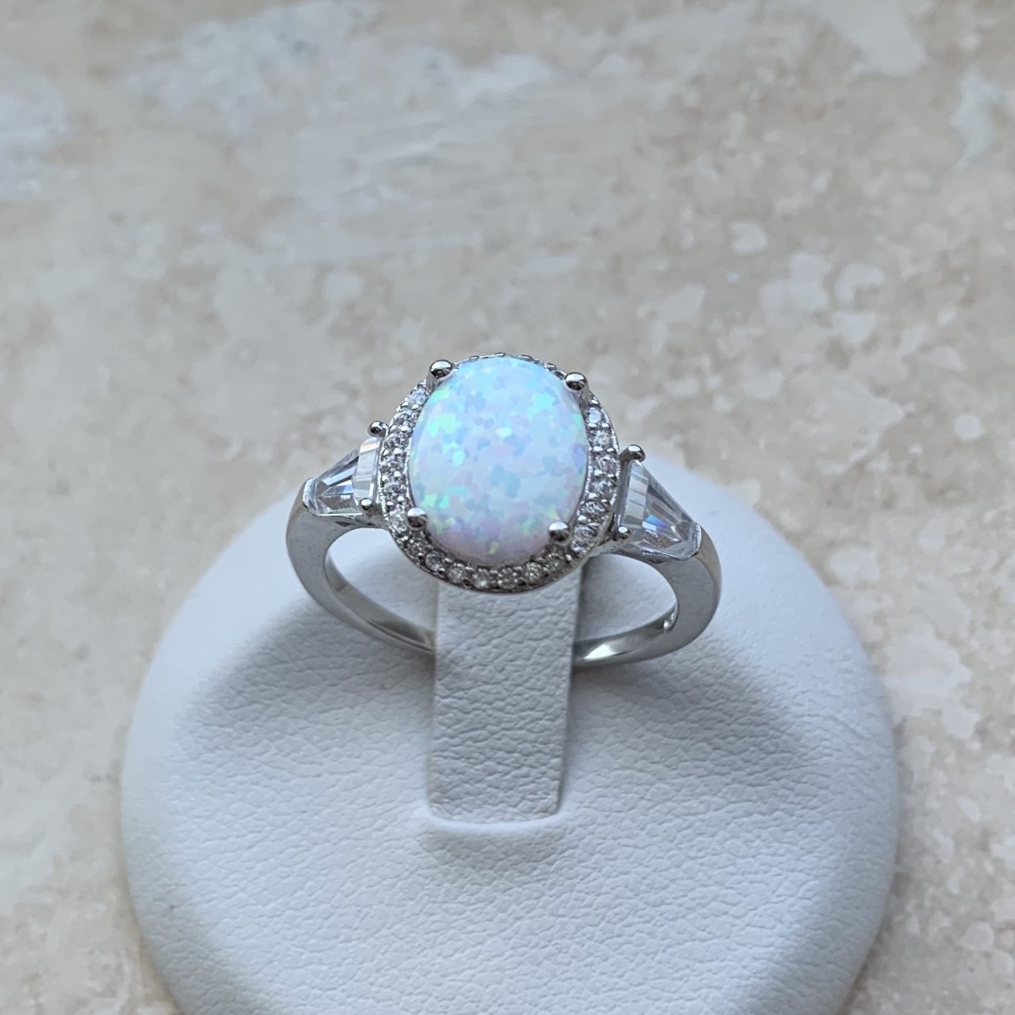 Sterling Silver Oval White Lab Opal Ring with CZ, Wedding Rings, Engagement Ring