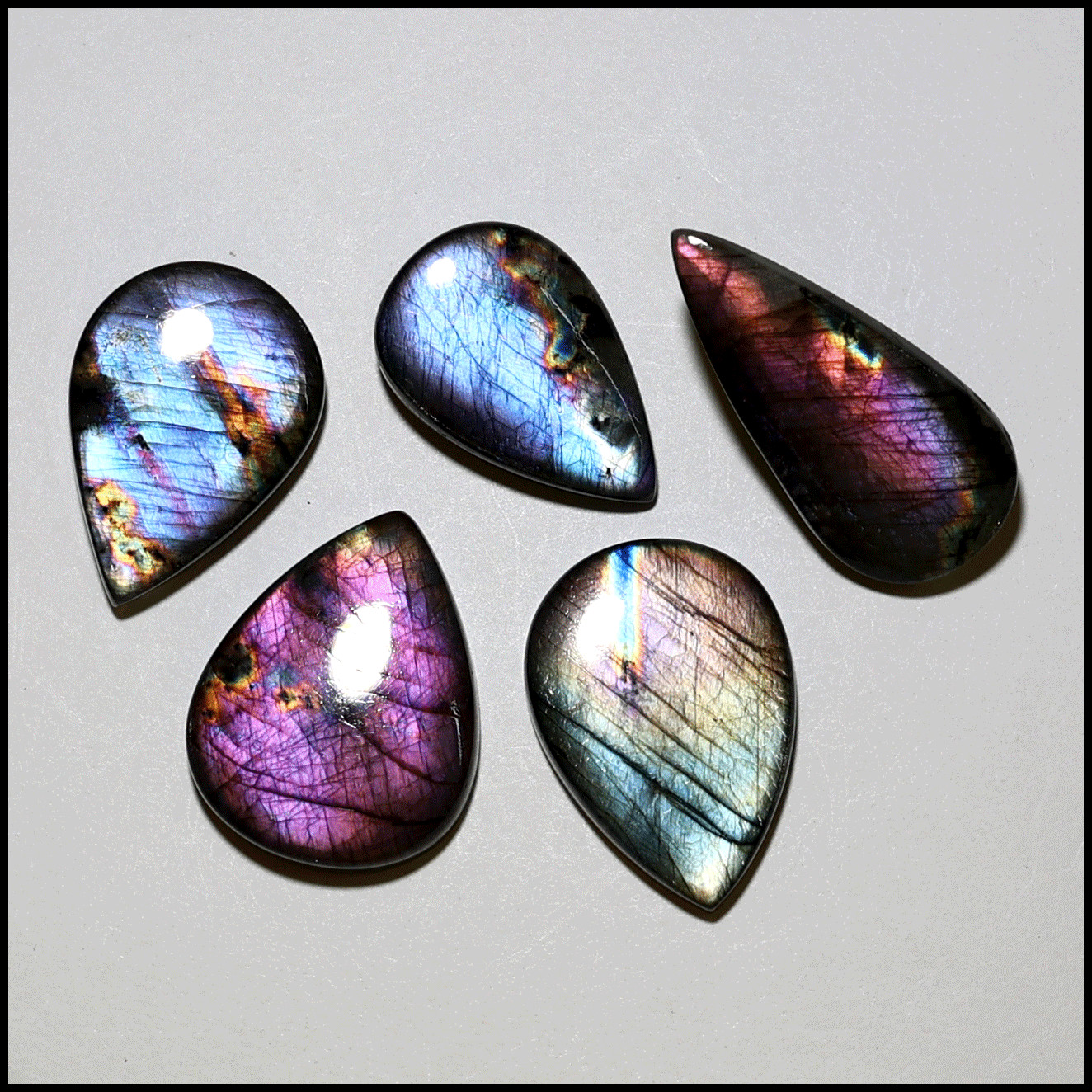 Finland 5 PC Natural Spectrolite Hi-Grade 29mm-38mm Teardrop Cabochon Gemstones