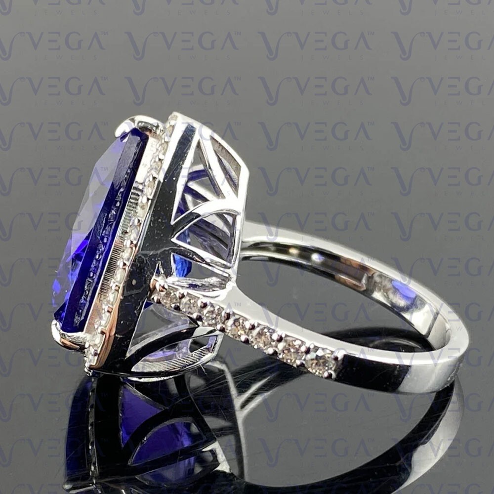 6.80Crt Trillion Cut Natural Tanzanite & Diamond 100% 14k SOLID White Gold Ring