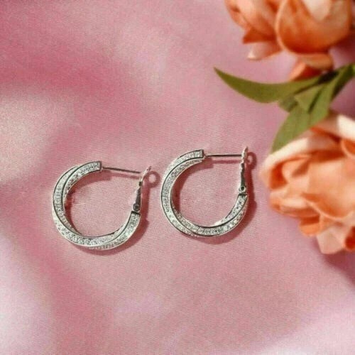 14K White Gold Plated Round Simulated Diamond Unique Fancy Hoop Clip On Earrings