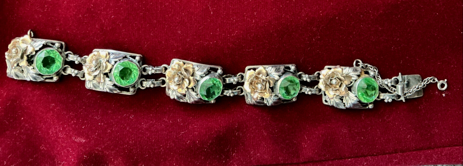 Signed Hobe 40’s Sterling Silver 1/20 14K Gold Floral Link Bracelet Green Glass