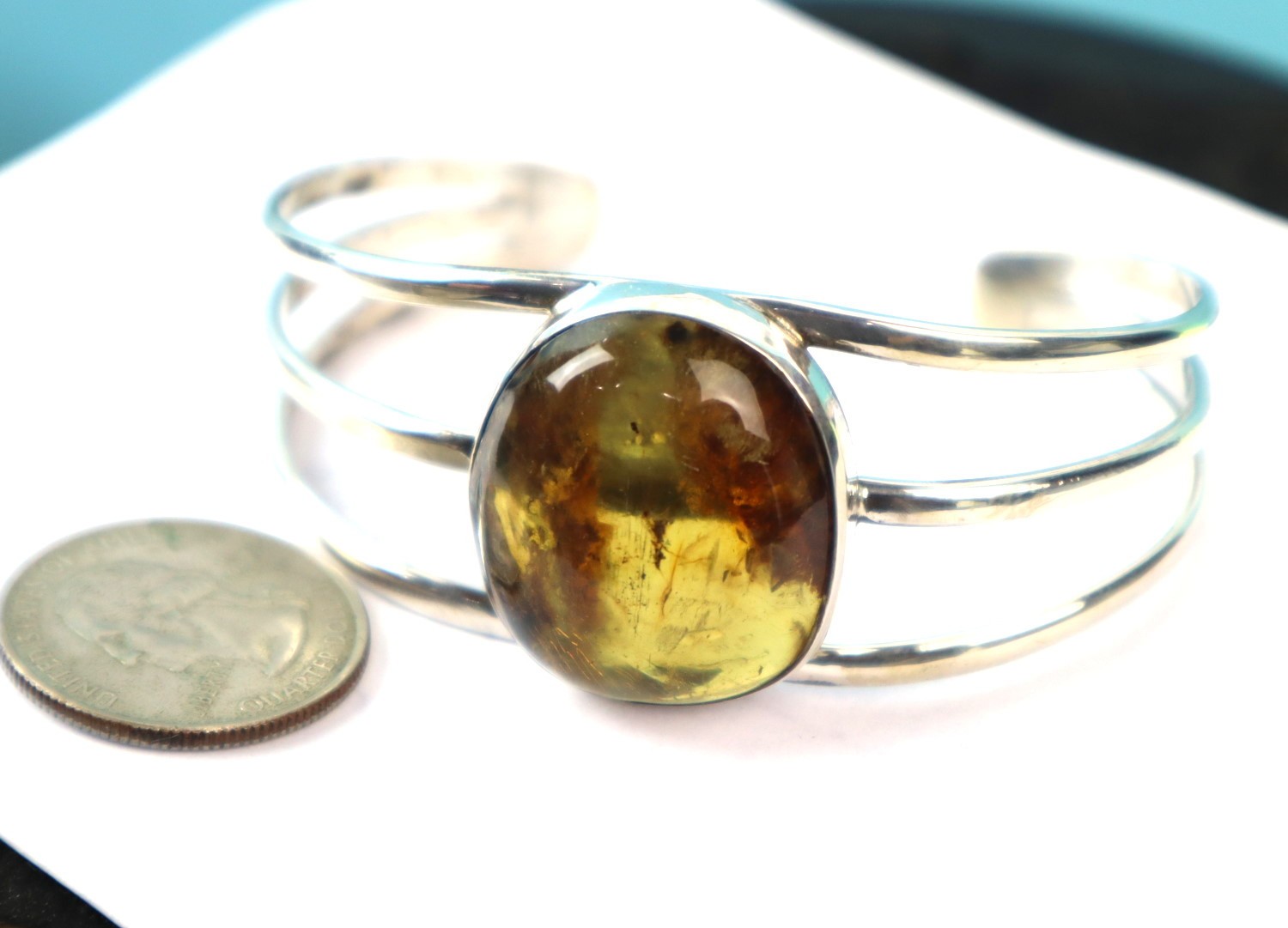 Hugh Natural Clear Green Blue Amber solid .925 Sterling Silver Cuff Bangle 7inch