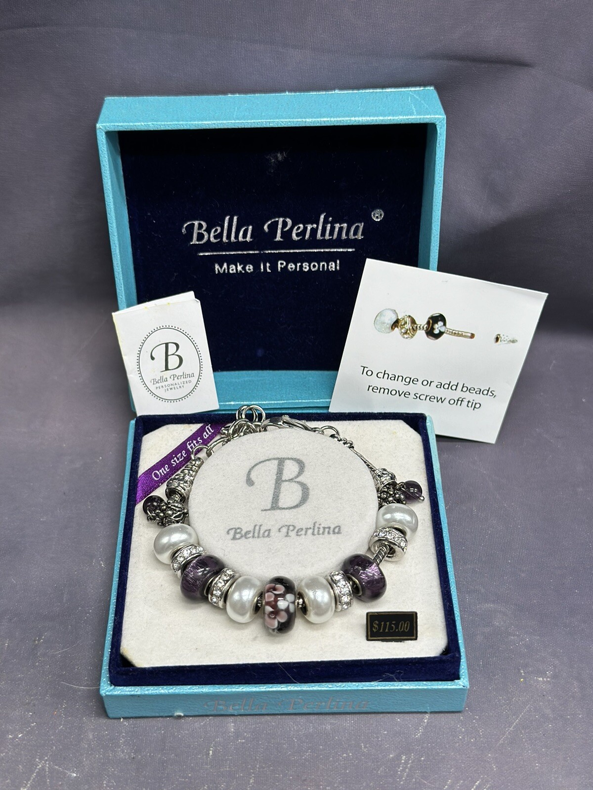 Bella Perlina Charm Bracelet Shades Of Purple / Silver Color One Size Adjustable