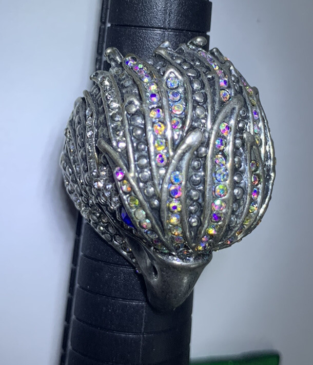 ST & Crystal Eagle Ring W/ Blue Sapphire Rhinestone Eyes, Aurora Borealis Crown