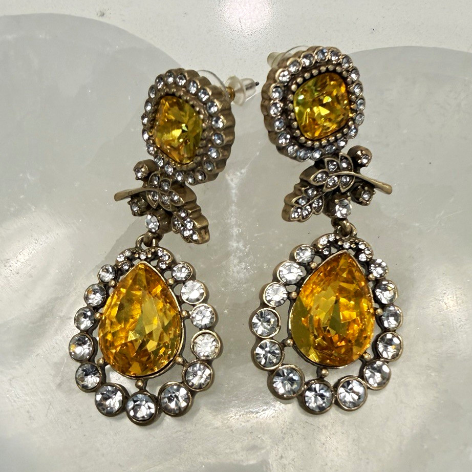 Clip-On Dangle Earrings Yellow Teardrop Simulated Crystal Halo Silver Tone