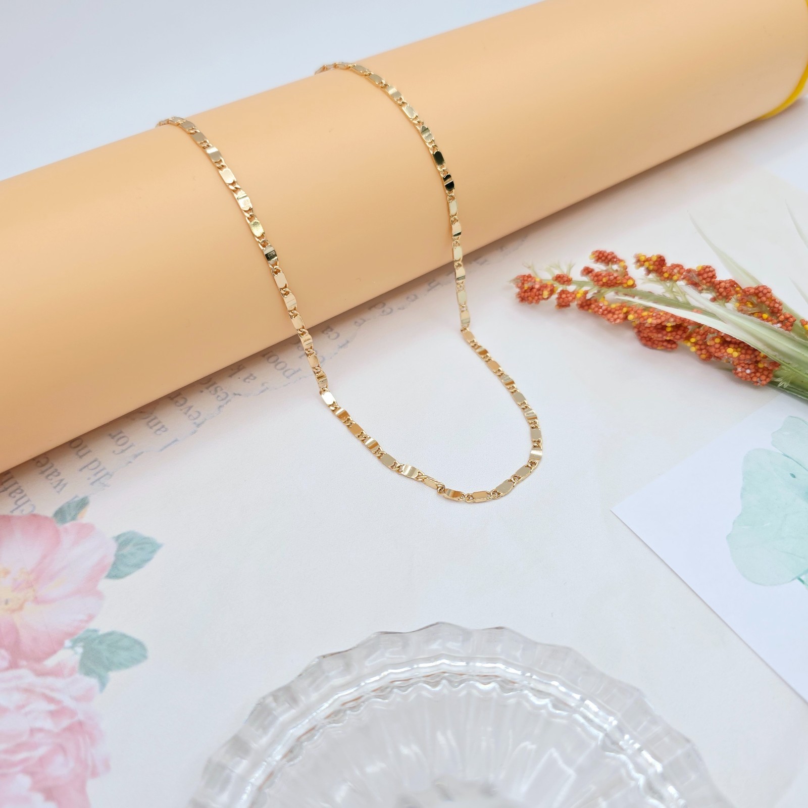 Rose Gold Flat Link Chain Necklace 45+5cm / 17.7+2 Inch Adjustable, XPNL0021