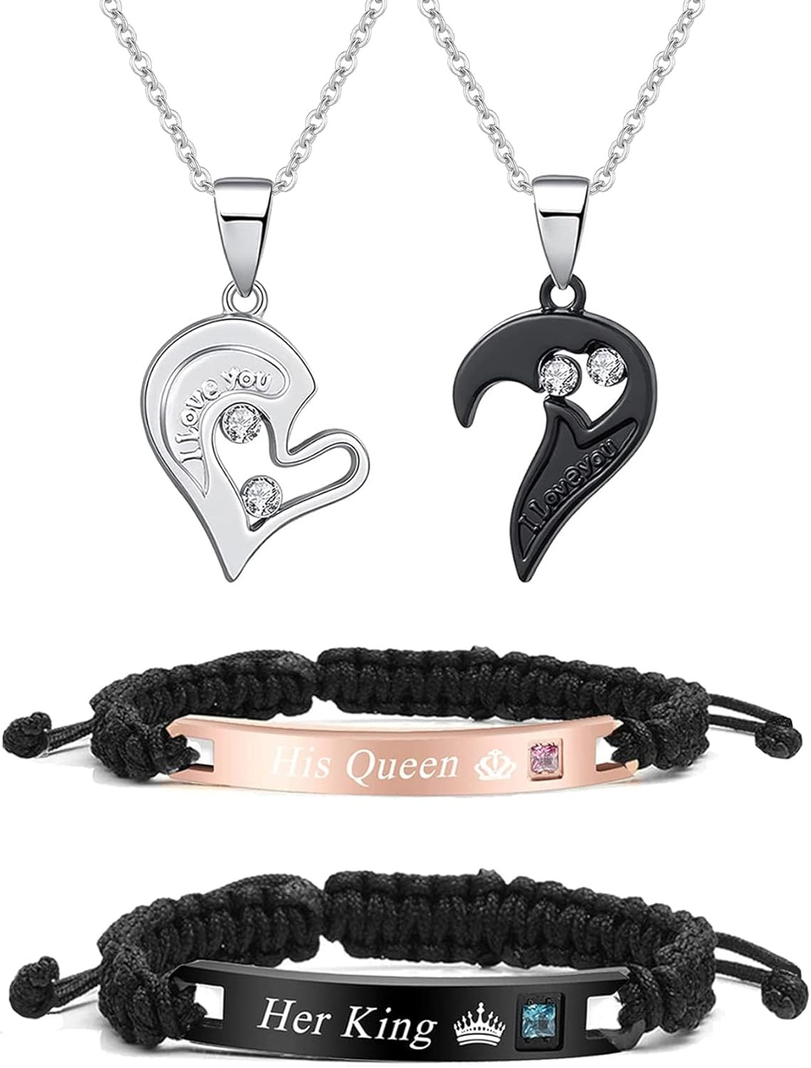 Couples Heart Necklace Bracelet Matching Set 4PCS Jewelry Gift for Her Him